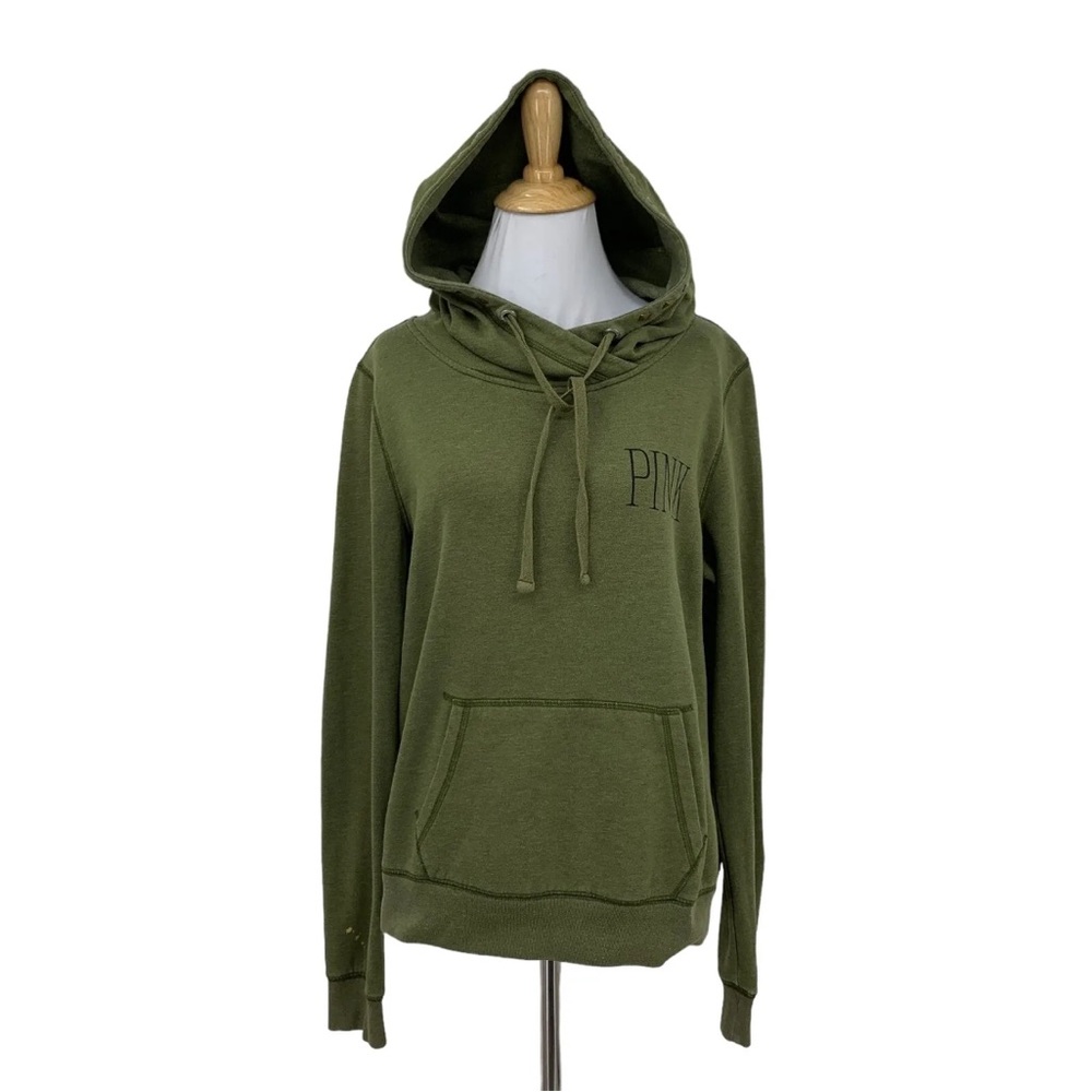 PINK Victorias Secret Studded Hoodie Womens SMALL Army Moss Green Cotton Blend
